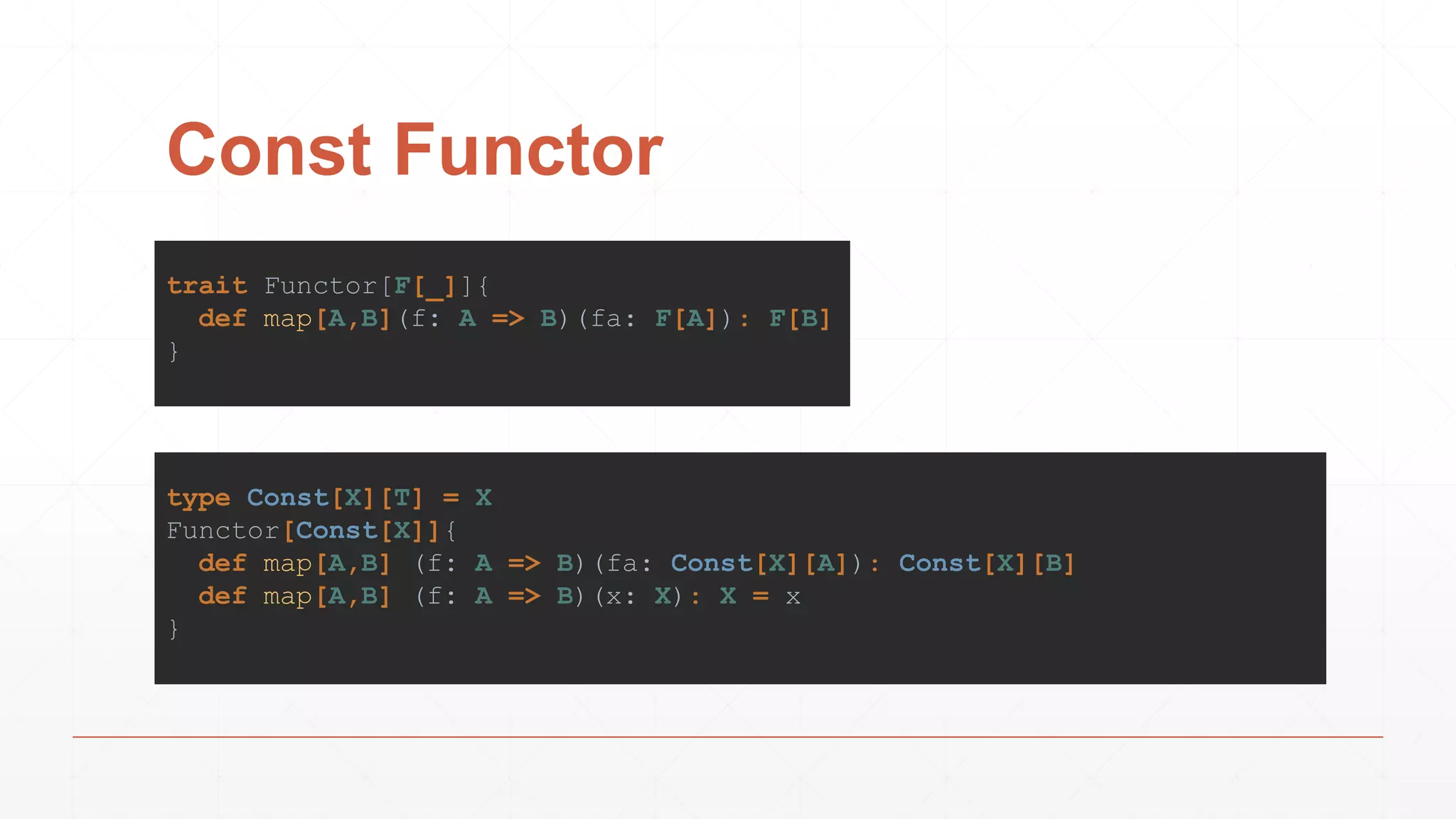 Const Functor
trait Functor[F[_]]{
def map[A,B](f: A => B)(fa: F[A]): F[B]
}
type Const[X][T] = X
Functor[Const[X]]{
def map[A,B] (f: A => B)(fa: Const[X][A]): Const[X][B]
def map[A,B] (f: A => B)(x: X): X = x
}
 
