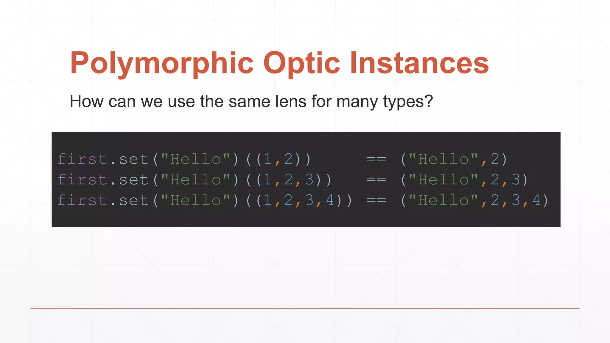 Polymorphic Optic Instances
How can we use the same lens for many types?
first.set("Hello")((1,2)) == ("Hello",2)
first.set("Hello")((1,2,3)) == ("Hello",2,3)
first.set("Hello")((1,2,3,4)) == ("Hello",2,3,4)
 