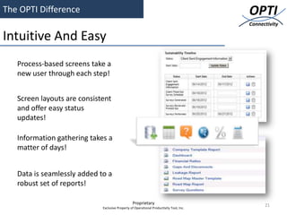 The OPTI Difference                                                                      OPTI
                                                                                         Connectivity

Intuitive And Easy
   Process-based screens take a
   new user through each step!


   Screen layouts are consistent
   and offer easy status
   updates!

   Information gathering takes a
   matter of days!


   Data is seamlessly added to a
   robust set of reports!

                                                 Proprietary                                   21
                             Exclusive Property of Operational Productivity Tool, Inc.
 
