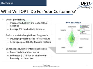 Overview                                                                                                OPTI
                                                                                                        Connectivity

What Will OPTI Do For Your Customers?
 • Drives profitability
    – Increase to bottom line up to 10% of                                                Robust Analysis
       Revenue
    – Average 6% productivity increase

 • Builds a sustainable platform for growth
    – Develops process-based infrastructure
    – Redesigns profitability-focused metrics

 • Enhances security of intellectual capital
    – Protects data and networks
    – Estimated $1 Trillion of Intellectual
      Property has been lost

                                                  Proprietary                                                  6
                              Exclusive Property of Operational Productivity Tool, Inc.
 