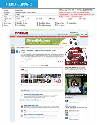 MEDIA CLIPPING
Media         :   infogue.com                                                 AD Value: Rp 2.750.000          PR Value: Rp 22.000.000,-
Headline      :   Essilor Luncurkan Lensa optifog                              infogue.com has 11317 traffic rank in world by alexa
Editor        :   iprnews                                                      Daily pageview: 97.198 viewer I Daily Ads Revenue: $291.59
Time          :   June, 23 2011                                                Rating: 3.0 out of 5.0 by WebsiteOutlook
Type & Size   :      Color         B/W              Small          Medium                     Large                Full Page
Page          :   Economy & Bisnis
News Type     :      Headline Depan                   Headline Dalam        Berita Foto        Berita Biasa
Source        :      Press Release                    Press Conference      News Agency
 