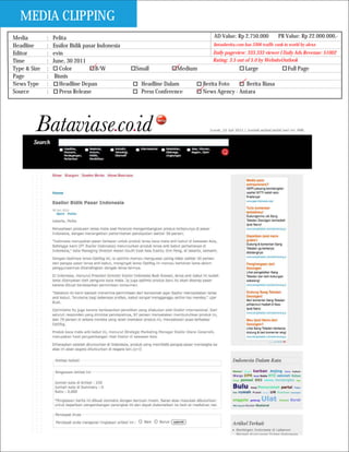 MEDIA CLIPPING
Media         :   Pelita                                                      AD Value: Rp 2.750.000             PR Value: Rp 22.000.000,-
Headline      :   Essilor Bidik pasar Indonesia                               lintasberita.com has 3300 traffic rank in world by alexa
Editor        :   evin                                                       Daily pageview: 333.333 viewer I Daily Ads Revenue: $1002
Time          :   June, 30 2011                                              Rating: 3.5 out of 5.0 by WebsiteOutlook
Type & Size   :      Color           B/W          Small          Medium                        Large                  Full Page
Page          :    Bisnis
News Type     :      Headline Depan                 Headline Dalam        Berita Foto     Berita Biasa
Source        :      Press Release                  Press Conference      News Agency - Antara
 