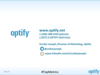 www.op5fy.net	
  
           1	
  (206)	
  388-­‐4234	
  (phone)	
  
           1	
  (877)	
  2-­‐OPTIFY	
  (toll-­‐free)	
  
           	
  
           Uri	
  Bar-­‐Joseph,	
  Director	
  of	
  Marke5ng,	
  Op5fy	
  
           	
  

           	
  	
  	
  	
  	
  	
  	
  	
  @uribarjoseph	
  
           	
  

           	
  	
  	
  	
  	
  	
  	
  	
  	
  www.linkedin.com/in/uribarjoseph	
  




Slide 53          #TopMetrics	
  
 