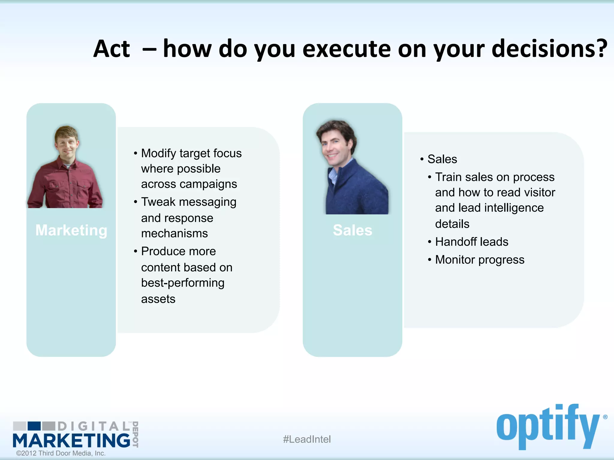 Act	
  	
  –	
  how	
  do	
  you	
  execute	
  on	
  your	
  decisions?	
  


                               •  Modify target focus                        •  Sales
                                  where possible
                                                                                •  Train sales on process
                                  across campaigns
                                                                                   and how to read visitor
                               •  Tweak messaging                                  and lead intelligence
                                  and response                                     details
     Marketing                    mechanisms                         Sales
                                                                                •  Handoff leads
                               •  Produce more
                                                                                •  Monitor progress
                                  content based on
                                  best-performing
                                  assets




                                                        #LeadIntel
©2012 Third Door Media, Inc.
 
