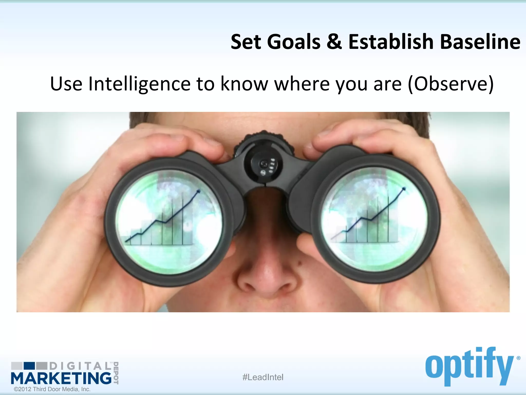 Set	
  Goals	
  &	
  Establish	
  Baseline	
  
            Use	
  Intelligence	
  to	
  know	
  where	
  you	
  are	
  (Observe)
                                                                                	
  




                                           #LeadIntel
©2012 Third Door Media, Inc.
 