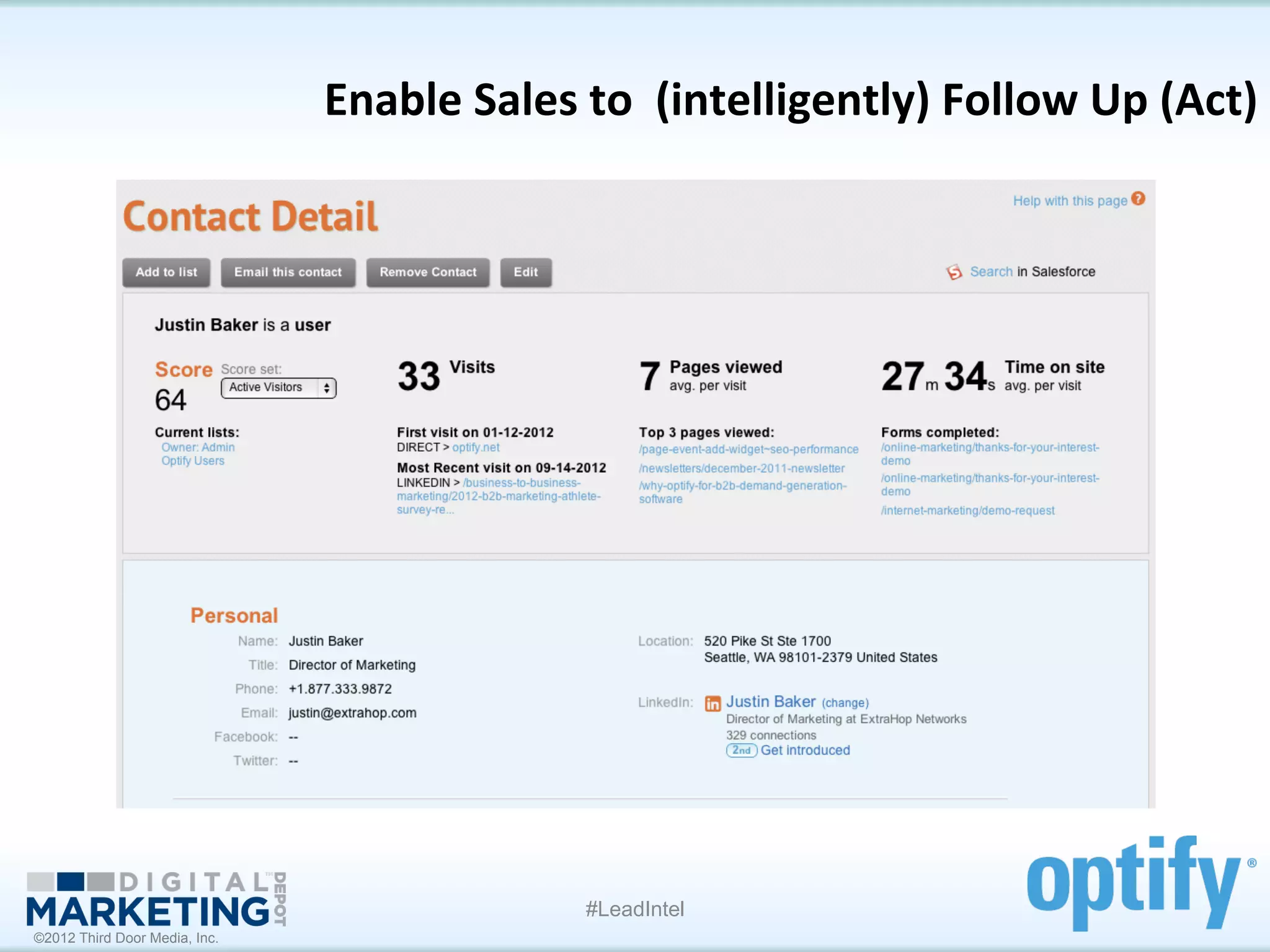 Enable	
  Sales	
  to	
  	
  (intelligently)	
  Follow	
  Up	
  (Act)
                                                                                                   	
  




                                                   #LeadIntel
©2012 Third Door Media, Inc.
 