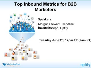 Top Inbound Metrics for B2B
        Marketers

          Speakers:
          Morgan Stewart, Trendline
          Interactive
          Uri Bar-Joseph, Optify



          Tuesday June 26, 12pm ET (9am PT)
 