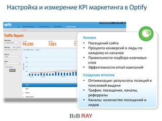 Настройка и измерение KPI маркетинга в Optify



                        Анализ
                        • Посещений сайта
                        • Процента конверсий в лиды по
                          каждому из каналов
                        • Правильности подбора ключевых
                          слов
                        • Эффективности email-кампаний
                        Создание отчетов
                        • Оптимизация: результаты позиций в
                          поисковой выдачи
                        • Трафик: посещения, каналы,
                          реферралы
                        • Каналы: количество посещений и
                          лидов
 