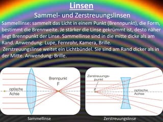 Linsen
Sammel- und Zerstreuungslinsen
ZerstreuungslinseSammellinse
Sammellinse: sammelt das Licht in einem Punkt (Brennpunkt), die Form,
bestimmt die Brennweite. Je stärker die Linse gekrümmt ist, desto näher
liegt Brennpunkt der Linse. Sammellinse sind in die mitte dicke als am
Rand. Anwendung: Lupe, Fernrohr, Kamera, Brille.
Zerstreuungslinse weitet ein Lichtbündel. Sie sind am Rand dicker als in
der Mitte. Anwendung: Brille.
 