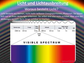 Licht und Lichtausbreitung
Woraus besteht Licht?
Licht besteht aus kleinen, nicht mehr teilbaren Energieportionen, Photonen. Sie lassen
sich nur an ihren Wirkungen erkennen. Sie selbst sind also nicht sichtbar. Aber eine der
Wirkungen besteht darin Dinge sichtbar zu machen.
 