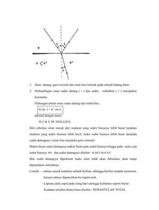 1. Sinar datang, garis normal dan sinar bias terletak pada sebuah bidang datar. 
2. Perbandingan sinus sudut datang ( i ) dan sudut – sudutbias ( r ) merupakan 
konstanta. 
Hubungan antara sinus sudut datang dan sudut bias : 
n sin i = n` sin r 
dikenal dengan nama : 
H U K U M SNELLIUS. 
Bila seberkas sinar masuk dari medium yang index biasanya lebih besar kedalam 
medium yang index biasnya lebih kecil, maka sudut biasnya lebih besar daripada 
sudut datangnya. (sinar bias menjauhi garis normal). 
Makin besar sudut datangnya makin besar pula sudut biasnya hingga pada suatu saat 
sudut biasnya 90 dan sudut datangnya disebut “ SUDUT BATAS”. 
Bila sudut datangnya diperbesar maka sinar tidak akan dibiaskan, akan tetapi 
dipantulkan seluruhnya. 
Contoh : - cahaya masuk kedalam sebuah berlian, sehingga berlian tampak menawan, 
karena cahaya dipancarkan ke segala arah. 
- Lapisan jalan aspal pada siang hari sehingga kelihatan seperti berair. 
Keadaan tersebut diatas biasa disebut : PEMANTULAN TOTAL. 
 