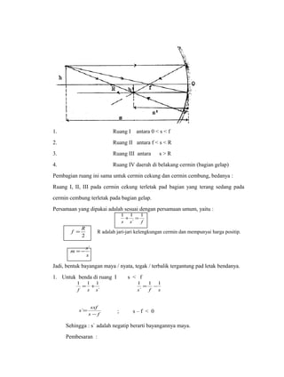 1. Ruang I antara 0 < s < f 
2. Ruang II antara f < s < R 
3. Ruang III antara s > R 
4. Ruang IV daerah di belakang cermin (bagian gelap) 
Pembagian ruang ini sama untuk cermin cekung dan cermin cembung, bedanya : 
Ruang I, II, III pada cermin cekung terletak pad bagian yang terang sedang pada 
cermin cembung terletak pada bagian gelap. 
Persamaan yang dipakai adalah sesuai dengan persamaan umum, yaitu : 
1 
1 + 1 = 
s s ` 
f 
f = R R adalah jari-jari kelengkungan cermin dan mempunyai harga positip. 
2 
m =-s` 
s 
Jadi, bentuk bayangan maya / nyata, tegak / terbalik tergantung pad letak bendanya. 
1. Untuk benda di ruang I s < f 
1 1 1 
f s s 
1 = - 
= + ` 
s f s 
1 1 
` 
s sxf 
= ` ; s – f < 0 
s - 
f 
Sehingga : s` adalah negatip berarti bayangannya maya. 
Pembesaran : 
 