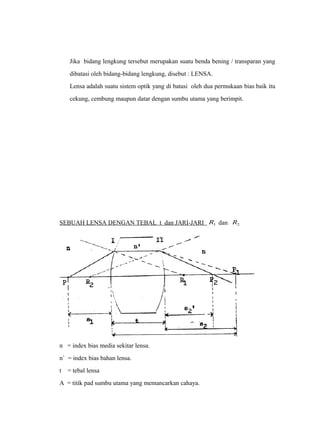 Jika bidang lengkung tersebut merupakan suatu benda bening / transparan yang 
dibatasi oleh bidang-bidang lengkung, disebut : LENSA. 
Lensa adalah suatu sistem optik yang di batasi oleh dua permukaan bias baik itu 
cekung, cembung maupun datar dengan sumbu utama yang berimpit. 
SEBUAH LENSA DENGAN TEBAL t dan JARI-JARI 1 R dan 2 R 
n = index bias media sekitar lensa. 
n` = index bias bahan lensa. 
t = tebal lensa 
A = titik pad sumbu utama yang memancarkan cahaya. 
 