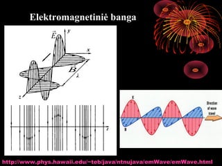Elektromagnetiniė banga
                  y
              E
                           x

                    
                    B                          
                                               k
                       λ

          
          E
     z




                                                  14
http://www.phys.hawaii.edu/~teb/java/ntnujava/emWave/emWave.html
 