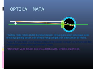 OPTIKA MATA
Ketika mata relaks (tidak berakomodasi), lensa mata pipih sehingga jarak
fokusnya paling besar, dan benda yang sangat jauh difokuskan di retina.
Agar benda pada jarak berbeda dapat difokuskan dengan cara menebal dan
memipihkan lensa mata (akomodasi mata)
Bayangan yang terjadi di retina adalah nyata, terbalik, diperkecil.
 