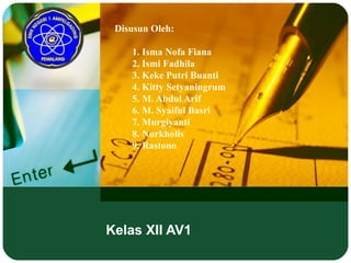 Adaptif
Disusun Oleh:
1. Isma Nofa Fiana
2. Ismi Fadhila
3. Keke Putri Buanti
4. Kitty Setyaningrum
5. M. Abdul Arif
6. M. Syaiful Basri
7. Murgiyanti
8. Nurkholis
9. Rastono
Kelas XII AV1
 