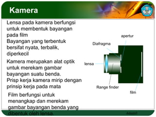 Adaptif
Kamera
lensa
Diafragma
film
apertur
Range finder
Lensa pada kamera berfungsi
untuk membentuk bayangan
pada film
Bayangan yang terbentuk
bersifat nyata, terbalik,
diperkecil
Film berfungsi untuk
menangkap dan merekam
gambar bayangan benda yang
dibentuk oleh lensa.
Kamera merupakan alat optik
untuk merekam gambar
bayangan suatu benda.
Prisp kerja kamera mirip dengan
prinsip kerja pada mata
 