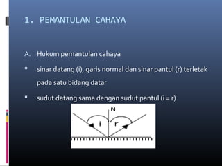 1. PEMANTULAN CAHAYA
A. Hukum pemantulan cahaya
 sinar datang (i), garis normal dan sinar pantul (r) terletak
pada satu bidang datar
 sudut datang sama dengan sudut pantul (i = r)
 