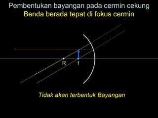 R f
Pembentukan bayangan pada cermin cekung
Benda berada tepat di fokus cermin
Tidak akan terbentuk Bayangan
 