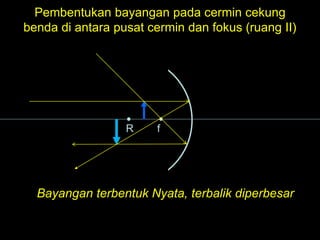 R f
Pembentukan bayangan pada cermin cekung
benda di antara pusat cermin dan fokus (ruang II)
Bayangan terbentuk Nyata, terbalik diperbesar
 