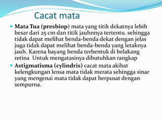 Cacat mata
 Mata Tua (presbiop) mata yang titik dekatnya lebih
besar dari 25 cm dan titik jauhnnya tertentu. sehingga
tidak dapat melihat benda-benda dekat dengan jelas
juga tidak dapat melihat benda-benda yang letaknya
jauh. Karena bayang benda terbentuk di belakang
retina Untuk mengatasinya dibutuhkan rangkap
 Astigmatisma (cylindris) cacat mata akibat
kelengkungan lensa mata tidak merata sehingga sinar
yang mengenai mata tidak dapat berpusat dengan
sempurna.
 