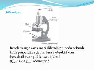 Benda yang akan amati diletakkan pada sebuah
kaca preparat di depan lensa objektif dan
berada di ruang II lensa objektif
(fob < s < 2 fob). Mengapa?
 