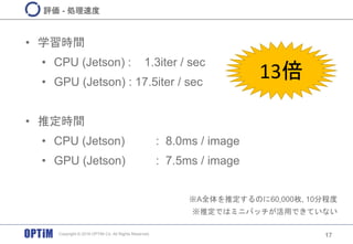 • 学習時間
• CPU (Jetson) : 1.3iter / sec
• GPU (Jetson) : 17.5iter / sec
• 推定時間
• CPU (Jetson) : 8.0ms / image
• GPU (Jetson) : 7.5ms / image
17
評価 - 処理速度
13倍
※A全体を推定するのに60,000枚, 10分程度
※推定ではミニバッチが活用できていない
Copyright © 2016 OPTiM Co. All Rights Reserved.
 
