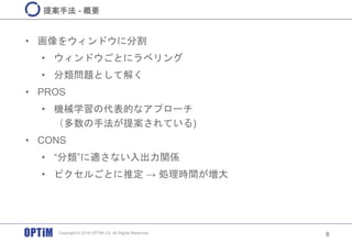 • 画像をウィンドウに分割
• ウィンドウごとにラベリング
• 分類問題として解く
• PROS
• 機械学習の代表的なアプローチ
（多数の手法が提案されている)
• CONS
• “分類”に適さない入出力関係
• ピクセルごとに推定 → 処理時間が増大
8
提案手法 - 概要
Copyright © 2016 OPTiM Co. All Rights Reserved.
 