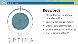 Keywords:
• Phytoplankton functional
type absorption
• Spectral bio-optical model
• Optical data assimilation
• Marine ecosystem indicators
• North West Shelf MFC
O P T I M A
NICE PICTURE ON YOUR PROJECT TOPIC
 