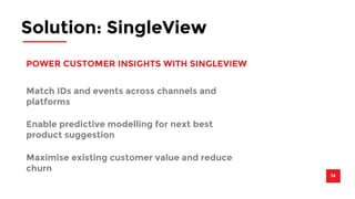 Solution: SingleView 
14 
POWER CUSTOMER INSIGHTS WITH SINGLEVIEW 
Match IDs and events across channels and 
platforms 
Enable predictive modelling for next best 
product suggestion 
Maximise existing customer value and reduce 
churn 
 