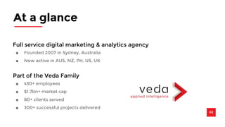 At a glance 
Full service digital marketing & analytics agency 
■ Founded 2007 in Sydney, Australia 
■ Now active in AUS, NZ, PH, US, UK 
02 
Part of the Veda Family 
■ 430+ employees 
■ $1.7bn+ market cap 
■ 80+ clients served 
■ 300+ successful projects delivered 
 