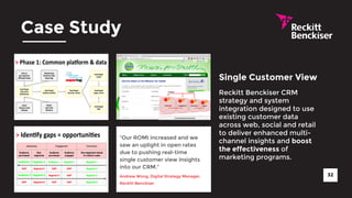 Case Study 
Single Customer View 
Reckitt Benckiser CRM 
strategy and system 
integration designed to use 
existing customer data 
across web, social and retail 
to deliver enhanced multi-channel 
insights and boost 
the effectiveness of 
marketing programs. 
32 
"Our ROMI increased and we 
saw an uplight in open rates 
due to pushing real-time 
single customer view insights 
into our CRM." 
Andrew Wong, Digital Strategy Manager, 
Reckitt Benckiser 
 