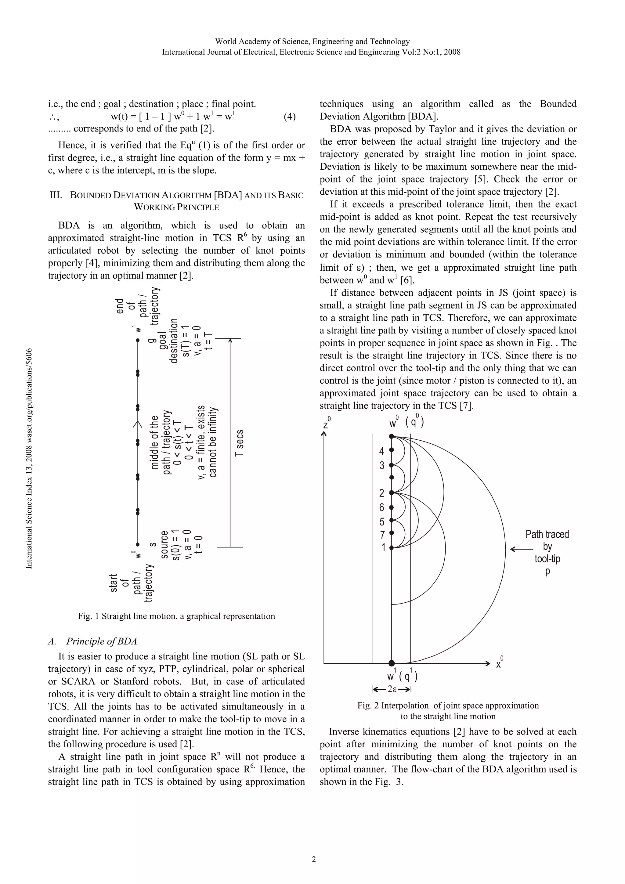 World Academy of Science, Engineering and Technology
International Journal of Electrical, Electronic Science and Engineering Vol:2 No:1, 2008

i.e., the end ; goal ; destination ; place ; final point.
,
w(t) = [ 1 – 1 ] w0 + 1 w1 = w1
......... corresponds to end of the path [2].

techniques using an algorithm called as the Bounded
Deviation Algorithm [BDA].
BDA was proposed by Taylor and it gives the deviation or
the error between the actual straight line trajectory and the
trajectory generated by straight line motion in joint space.
Deviation is likely to be maximum somewhere near the midpoint of the joint space trajectory [5]. Check the error or
deviation at this mid-point of the joint space trajectory [2].
If it exceeds a prescribed tolerance limit, then the exact
mid-point is added as knot point. Repeat the test recursively
on the newly generated segments until all the knot points and
the mid point deviations are within tolerance limit. If the error
or deviation is minimum and bounded (within the tolerance
limit of ) ; then, we get a approximated straight line path
between w0 and w1 [6].
If distance between adjacent points in JS (joint space) is
small, a straight line path segment in JS can be approximated
to a straight line path in TCS. Therefore, we can approximate
a straight line path by visiting a number of closely spaced knot
points in proper sequence in joint space as shown in Fig. . The
result is the straight line trajectory in TCS. Since there is no
direct control over the tool-tip and the only thing that we can
control is the joint (since motor / piston is connected to it), an
approximated joint space trajectory can be used to obtain a
straight line trajectory in the TCS [7].

(4)

Hence, it is verified that the Eqn (1) is of the first order or
first degree, i.e., a straight line equation of the form y = mx +
c, where c is the intercept, m is the slope.
III. BOUNDED DEVIATION ALGORITHM [BDA] AND ITS BASIC
WORKING PRINCIPLE

T secs

middle of the
path / trajectory
0 < s(t) < T
0<t<T
v, a = finite, exists
cannot be infinity

0

0

0

w (q )
4
3
2
6
5
7
1

s
source
s(0) = 1
v, a = 0
t=0

w

0

z

Path traced
by
tool-tip
p

start
of
path /
trajectory

International Science Index 13, 2008 waset.org/publications/5606

1

end
of
w
path /
g trajectory
goal
destination
s(T) = 1
v, a = 0
t=T

BDA is an algorithm, which is used to obtain an
approximated straight-line motion in TCS R6 by using an
articulated robot by selecting the number of knot points
properly [4], minimizing them and distributing them along the
trajectory in an optimal manner [2].

Fig. 1 Straight line motion, a graphical representation

A. Principle of BDA
It is easier to produce a straight line motion (SL path or SL
trajectory) in case of xyz, PTP, cylindrical, polar or spherical
or SCARA or Stanford robots. But, in case of articulated
robots, it is very difficult to obtain a straight line motion in the
TCS. All the joints has to be activated simultaneously in a
coordinated manner in order to make the tool-tip to move in a
straight line. For achieving a straight line motion in the TCS,
the following procedure is used [2].
A straight line path in joint space Rn will not produce a
straight line path in tool configuration space R6. Hence, the
straight line path in TCS is obtained by using approximation

0

1

1

x

w (q )
2
Fig. 2 Interpolation of joint space approximation
to the straight line motion

Inverse kinematics equations [2] have to be solved at each
point after minimizing the number of knot points on the
trajectory and distributing them along the trajectory in an
optimal manner. The flow-chart of the BDA algorithm used is
shown in the Fig. 3.

2

 