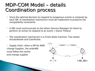 MDP-COM Model – detailsMDP-COM Model – details
Coordination processCoordination process
 Since the optimal decision to respond to exogenous events is compute by
each SM. A coordination mechanism must be implement to preserve the
compatibility constraints
 A SMi must communicate to the others Service Manager its intent to
perform an action to respond to an event. ( Game Theory)
 The coordination mechanism is a Finite State machine. Two states:
Uncoordinate and Coordinate.
 Supply chain: when a SM for RAM
change Supplier, the orderMB
must follow this action
and change supplier
 