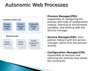  Process Manager(PM):
responsible of configuring the
process with help of configuration
module, listening to environment
variables, and working with the
Service manager
 Service Manager(SM): Each
partner interact with the service
manager rather than the process
directly
 Configuration Manager(CM):
responsible to discover and
selecting the services that satisfy
the constraints
Autonomic Web ProcessesAutonomic Web Processes
 