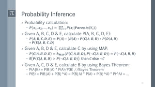 Probability Inference
› Probability calculation:
– 𝑷 𝒙 𝟏, 𝒙 𝟐, … , 𝒙 𝒏 = 𝒊=𝟏
𝒏
𝑷(𝒙𝒊|𝑷𝒂𝒓𝒆𝒏𝒕𝒔 𝒀𝒊 )
› Given A, B, C, D & E, calculate P(A, B, C, D, E):
– 𝑷 𝑨, 𝑩, 𝑪, 𝑫, 𝑬 = 𝑷 𝑨 ∗ 𝑩 𝑨 ∗ 𝑷 𝑪 𝑨, 𝑩, 𝑫 ∗ 𝑷 𝑫 𝑨, 𝑫
∗ 𝑷 𝑬 𝑨, 𝑩, 𝑪, 𝑫
› Given A, B, D & E, calculate C by using MAP:
– 𝑷 𝑪 𝑨, 𝑩, 𝑫, 𝑬 = 𝒉 𝑴𝑨𝑷(𝑷 𝑪 𝑨, 𝑩, 𝑫 , 𝑷 ¬𝑪 𝑨, 𝑩, 𝑫 ) = 𝑷 ¬𝑪 𝑨, 𝑩, 𝑫
– if 𝑷 𝑪 𝑨, 𝑩, 𝑫 > 𝑷 ¬𝑪 𝑨, 𝑩, 𝑫 then 𝑪 else ¬𝑪
› Given A, C, D & E, calculate B by using Bayes Theorem:
– P(A|B) = P(B|A) * P(A)/P(B) //Bayes Theorem
– P(B) = P(B|A) + P(B|^A) = P(B|A) * P(A) + P(B|^A) * P(^A) = …
11
 