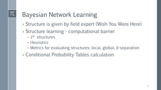 Bayesian Network Learning
› Structure is given by field expert (Wish You Were Here)
› Structure learning - computational barrier
– 2 𝑛 structures
– Heuristics
– Metrics for evaluating structures: local, global, d-separation
› Conditional Probability Tables calculation
15
 