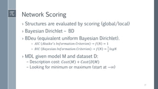 Network Scoring
› Structures are evaluated by scoring (global/local)
› Bayesian Dirichlet – BD
› BDeu (equivalent uniform Bayesian Dirichlet).
› 𝐴𝐼𝐶 𝐴𝑘𝑎𝑖𝑘𝑒′ 𝑠 𝐼𝑛𝑓𝑜𝑟𝑚𝑎𝑡𝑖𝑜𝑛 𝐶𝑟𝑖𝑡𝑒𝑟𝑖𝑜𝑛 → 𝑓 𝑁 = 1
› 𝐵𝐼𝐶 𝐵𝑎𝑦𝑒𝑠𝑖𝑎𝑛 𝐼𝑛𝑓𝑜𝑟𝑚𝑎𝑡𝑖𝑜𝑛 𝐶𝑟𝑖𝑡𝑒𝑟𝑖𝑜𝑛 → 𝑓 𝑁 =
1
2
𝑙𝑜𝑔𝑁
› MDL given model M and dataset D:
– Description cost: 𝐶𝑜𝑠𝑡 𝑀 + 𝐶𝑜𝑠𝑡 𝐷 𝑀
– Looking for minimum or maximum (start at −∞)
17
 