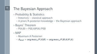 The Bayesian Approach
› Probability & Statistics
– Instances – classical approach
– A priori/A posteriori knowledge – the Bayesian approach
› Bayes’ Theorem
– P(A|B) = P(B|A)P(A)/P(B)
› MAP
– Maximum A Posteriori
– 𝑨 𝑴𝑨𝑷 = 𝐚𝐫𝐠 𝒎𝒂𝒙 𝑨 𝑷 𝑨 𝑩 = 𝐚𝐫𝐠 𝒎𝒂𝒙 𝑨 𝑷 𝑩 𝑨 𝑷(𝑨)
4
 