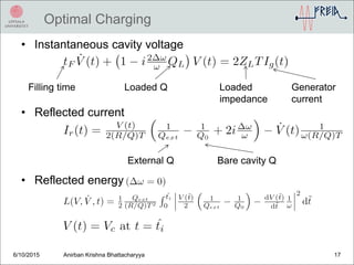 Optimal Charging
6/10/2015 Anirban Krishna Bhattacharyya 17
• Instantaneous cavity voltage
• Reflected current
• Reflected energy
Filling time Loaded Q Generator
current
Loaded
impedance
External Q Bare cavity Q
 
