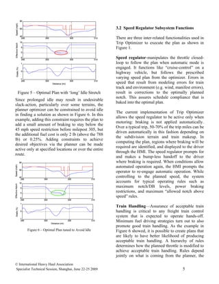 80
   Speed (mph)




                     60                                                           3.2 Speed Regulator Subsystem Functions
                     40
                      295               300                     305         310   There are three inter-related functionalities used in
                     10                                                           Trip Optimizer to execute the plan as shown in
   Effective Notch




                      5                                                           Figure 1.
                      0

                     -5
                      295               300                     305         310
                                                                                  Speed regulator-manipulates the throttle closed-
                      1                                                           loop to follow the plan when automatic mode is
                                                                                  engaged. It functions like “cruise-control” on a
       Grade (%)




                      0
                                                                                  highway vehicle, but follows the prescribed
                     -1                                                           varying speed plan from the optimizer. Errors in
                      295               300
                                               Distance (mi)
                                                                305         310
                                                                                  speed that result from modeling errors for train
                                                                                  track and environment (e.g. wind, manifest errors),
                  Figure 5 – Optimal Plan with ‘long’ Idle Stretch                result in corrections to the optimally planned
                                                                                  notch. This assures schedule compliance that is
Since prolonged idle may result in undesirable
                                                                                  baked into the optimal plan.
slack-action, particularly over some terrains, the
planner optimizer can be constrained to avoid idle
                                                                                  The current implementation of Trip Optimizer
in finding a solution as shown in Figure 6. In this
                                                                                  allows the speed regulator to be active only when
example, adding this constraint requires the plan to
                                                                                  motoring: braking is not applied automatically.
add a small amount of braking to stay below the
                                                                                  Over a typical trip, 50-70% of the trip miles can be
45 mph speed restriction before milepost 305, but
                                                                                  driven automatically in this fashion depending on
the additional fuel cost is only 2 lb (above the 788
                                                                                  the subdivision terrain and train makeup. In
lb) or 0.25%. Adding constraints to achieve
                                                                                  computing the plan, regions where braking will be
desired objectives via the planner can be made
                                                                                  required are identified, and displayed to the driver
active only at specified locations or over the entire
                                                                                  through the HMI. The speed regulator prompts for
route.
                                                                                  and makes a bump-less handoff to the driver
                     80                                                           where braking is required. When conditions allow
                                                                                  automated operation again, the HMI prompts the
Speed (mph)




                     60
                                                                                  operator to re-engage automatic operation. While
                     40                                                           controlling to the planned speed, the system
                      295              300                     305        310
                     10
                                                                                  accounts for typical operating rules such as
Effective Notch




                     5
                                                                                  maximum notch/DB levels, power braking
                     0
                                                                                  restrictions, and maximum “allowed notch above
                     -5
                                                                                  speed” rules.
                      295              300                     305        310
                     1
                                                                                  Train Handling—Assurance of acceptable train
   Grade (%)




                     0                                                            handling is critical to any freight train control
                                                                                  system that is expected to operate hands-off.
                     -1
                      295              300
                                              Distance (mi)
                                                               305        310     Minimum fuel driving strategies turn out to also
                                                                                  promote good train handling. As the example in
                            Figure 6 – Optimal Plan tuned to Avoid Idle           Figure 6 showed, it is possible to create plans that
                                                                                  are likely to have better likelihood of producing
                                                                                  acceptable train handling. A hierarchy of rules
                                                                                  determines how the planned throttle is modified to
                                                                                  achieve acceptable train handling. Rules depend
                                                                                  jointly on what is coming from the planner, the
© International Heavy Haul Association
Specialist Technical Session, Shanghai, June 22-25 2009                                                                   5
 