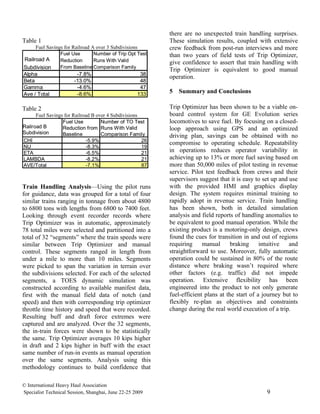 there are no unexpected train handling surprises.
Table 1                                                    These simulation results, coupled with extensive
      Fuel Savings for Railroad A over 3 Subdivisions      crew feedback from post-run interviews and more
                 Fuel Use      Number of Trip Opt Test     than two years of field tests of Trip Optimizer,
Railroad A       Reduction     Runs With Valid             give confidence to assert that train handling with
Subdivision      From Baseline Comparison Family
                                                           Trip Optimizer is equivalent to good manual
Alpha                   -7.8%                        38
                                                           operation.
Beta                   -13.0%                        48
Gamma                   -4.6%                        47
Ave / Total             -8.6%                       133
                                                           5   Summary and Conclusions

Table 2                                                    Trip Optimizer has been shown to be a viable on-
      Fuel Savings for Railroad B over 4 Subdivisions      board control system for GE Evolution series
                  Fuel Use          Number of TO Test      locomotives to save fuel. By focusing on a closed-
Railroad B        Reduction from Runs With Valid           loop approach using GPS and an optimized
Subdivision       Baseline          Comparison Family      driving plan, savings can be obtained with no
CHI                          -5.9%                    26
                                                           compromise to operating schedule. Repeatability
NU                           -8.3%                    19
ETA                          -6.5%                    21   in operations reduces operator variability in
LAMBDA                       -8.2%                    21   achieving up to 13% or more fuel saving based on
AVE/Total                    -7.1%                    87   more than 50,000 miles of pilot testing in revenue
                                                           service. Pilot test feedback from crews and their
                                                           supervisors suggest that it is easy to set up and use
Train Handling Analysis—Using the pilot runs               with the provided HMI and graphics display
for guidance, data was grouped for a total of four         design. The system requires minimal training to
similar trains ranging in tonnage from about 4800          rapidly adopt in revenue service. Train handling
to 6800 tons with lengths from 6800 to 7400 feet.          has been shown, both in detailed simulation
Looking through event recorder records where               analysis and field reports of handling anomalies to
Trip Optimizer was in automatic, approximately             be equivalent to good manual operation. While the
78 total miles were selected and partitioned into a        existing product is a motoring-only design, crews
total of 32 “segments” where the train speeds were         found the cues for transition in and out of regions
similar between Trip Optimizer and manual                  requiring     manual      braking     intuitive   and
control. These segments ranged in length from              straightforward to use. Moreover, fully automatic
under a mile to more than 10 miles. Segments               operation could be sustained in 80% of the route
were picked to span the variation in terrain over          distance where braking wasn’t required where
the subdivisions selected. For each of the selected        other factors (e.g. traffic) did not impede
segments, a TOES dynamic simulation was                    operation. Extensive flexibility has been
constructed according to available manifest data,          engineered into the product to not only generate
first with the manual field data of notch (and             fuel-efficient plans at the start of a journey but to
speed) and then with corresponding trip optimizer          flexibly re-plan as objectives and constraints
throttle time history and speed that were recorded.        change during the real world execution of a trip.
Resulting buff and draft force extremes were
captured and are analyzed. Over the 32 segments,
the in-train forces were shown to be statistically
the same. Trip Optimizer averages 10 kips higher
in draft and 2 kips higher in buff with the exact
same number of run-in events as manual operation
over the same segments. Analysis using this
methodology continues to build confidence that

© International Heavy Haul Association
Specialist Technical Session, Shanghai, June 22-25 2009                                            9
 