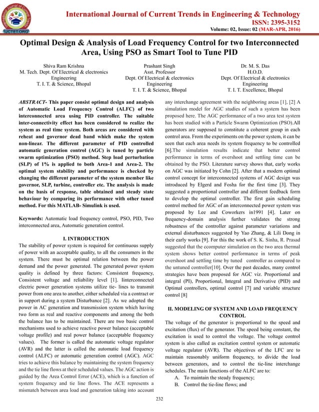 Optimal design & analysis of load frequency control for two ...
