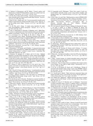 2
−Re −
→
vc
−
→
vii
∗

−Im −
→
vc
−
→
vii
∗




 +


Pk
i
Qk
i


(79)
The feasible switching state with corresponding minimum
voltage ripples is chosen for VSC switching with the expres-
sion of the following cost function.
gvsc =
r

P∗ − Pk+1
i
2
+

Q∗ − Qk+1
i
2
(80)
C. BATTERY CONTROL UNIT
To regulate the dc bus voltage, Fig. 27 demonstrates the BSS
model and Fig. 28 represents the buck-boost controller.
The net power is maintained and is described as follows.
Pnet = PPV + PWind + PDiesel + PLoad (81)
FIGURE 28. A battery controller.
FIGURE 29. A Wind MPPT control with a dc-dc boost converter.
FIGURE 30. The selected site area for electrical load in Pakistan [77].
FIGURE 31. Wind generation details of Pakistan [78].
D. WIND MPPT CONTROLLER
A WT with a constant (zero) pitch angle and fluctuating wind
input is applied, and the parameters detail of PMSG and wind
is given in [34]. Fig. 29 shows the MPPT boost controller for
a wind energy conversion system.
VI. CASE STUDY
Pakistan is located in the territory of South Asia and further
detailed investigation of the territory of Pakistan is com-
prehensively discussed in [57] along with site description,
energy resource assessment, and electric load estimation.
The domestic area of Kharan district is shown in Fig. 30
and is located at the latitude and longitude of 28◦ 44.00 N
VOLUME 8, 2020 29789
 