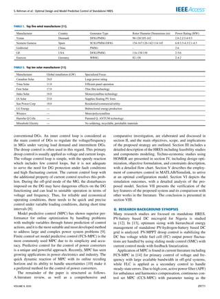 S. Rehman et al.: Optimal Design and Model Predictive Control of Standalone HRES
TABLE 1. Top five wind manufacturer [11].
TABLE 2. Top ten solar manufacturer [11].
conventional DGs. An inner control loop is considered as
the main control of DGs to regulate the voltage/frequency
in MGs under varying load demand and intermittent DGs.
The droop control is often used in this regard. This primary
droop control is usually applied as voltage and current loops.
The voltage control loop is simple, with the speedy reaction
which includes few control loops, but it is not adequate
to serve the need for DG protection under fault conditions
and high fluctuating current. The current control loop with
the additional property of current control resolves this prob-
lem. During the off-grid mode of the MG, the disturbances
imposed on the DG may have dangerous effects on the DG
functioning and can lead to unstable operation in terms of
voltage and frequency. Thus, for reliable and economical
operating conditions, there needs to be quick and precise
control under variable loading conditions, during short time
intervals [8].
Model predictive control (MPC) has shown superior per-
formance for online optimization by handling problems
with multiple variables through future prediction of control
actions, and it is the most suitable and most developed method
to address large and complex power system problems [9].
Finite control set model predictive control (FCS-MPC) is the
most commonly used MPC due to its simplicity and accu-
racy. Predictive control for the control of power converters
is a unique and powerful approach. Recently, MPC has seen
growing applications in power electronics and industry. The
quick dynamic reaction of MPC with its online receding
horizon and its ability to handle uncertainties [10] make it
a preferred method for the control of power converters.
The remainder of the paper is structured as follows.
A literature review, as well as a comprehensive and
comparative investigation, are elaborated and discussed in
section II, and the main objectives, scope, and implications
of the proposed strategy are outlined. Section III includes a
detailed description of the HRES including feasibility studies
and components modeling. Techno-economic studies using
HOMER are presented in section IV, including design opti-
mization, objective formulation, and constraints description,
with a detailed flow chart. Section V describes the employ-
ment of converters control in MATLAB/Simulink, to arrive
at an optimal configuration model. Section VI depicts the
simulation outcomes, with a detailed analysis of the pro-
posed model. Section VII presents the verification of the
key features of the proposed system and its comparison with
other works in the literature. The conclusion is presented in
section VIII.
II. RESEARCH BACKGROUND SYNOPSIS
Many research studies are focused on standalone HRES.
PV-battery based DC microgrid for Nigeria is studied
in [12]. In [13], optimum sizing with hierarchical energy
management of standalone PV-hydrogen-battery based DC
grid is analyzed. PV-MPPT droop control is stabilizing the
DC bus voltage while fuel cell (FC) output power fluctua-
tions are handled by using sliding mode control (SMC) with
current control mode with feedback linearization.
Application of MPC is found in current literature including
FCS-MPC in [14] for primary control of voltage and fre-
quency with large available bandwidth in off-grid systems,
while FLC is applied as a secondary control to handle
steady-state errors. Due to high cost, active power filter (APF)
for unbalance and harmonics compensation, continuous con-
trol set MPC (CCS-MPC) with parameter tuning as the
VOLUME 8, 2020 29771
 