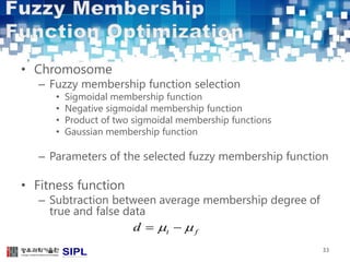 • Chromosome 
– Fuzzy membership function selection 
• Sigmoidal membership function 
• Negative sigmoidal membership function 
• Product of two sigmoidal membership functions 
• Gaussian membership function 
– Parameters of the selected fuzzy membership function 
• Fitness function 
– Subtraction between average membership degree of 
true and false data 
33 
d  t  f 
 