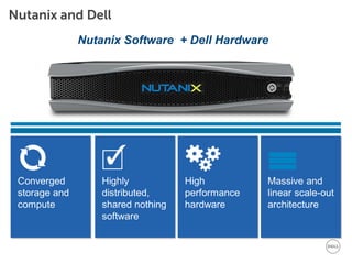 Nutanix and Dell 
Converged storage and compute 
Highly distributed, shared nothing software 
High performance hardware 
Massive and linear scale-out architecture 
Nutanix Software + Dell Hardware  