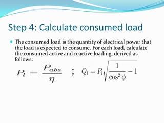 Step 4: Calculate consumed load
 The consumed load is the quantity of electrical power that
the load is expected to consume. For each load, calculate
the consumed active and reactive loading, derived as
follows:
;
 