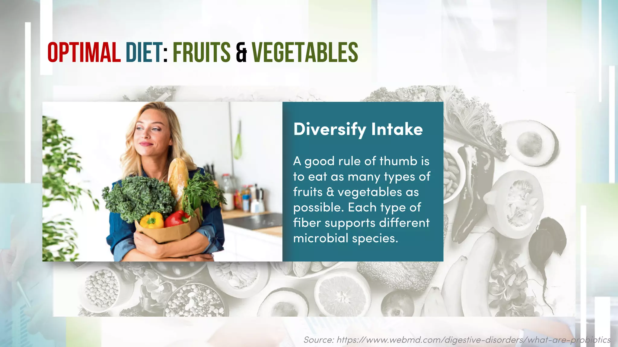 Optimal Diet: Fruits & Vegetables
Source: https://www.webmd.com/digestive-disorders/what-are-probiotics
Diversify Intake
A good rule of thumb is
to eat as many types of
fruits & vegetables as
possible. Each type of
ﬁber supports diﬀerent
microbial species.
 
