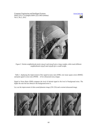 Computer Engineering and Intelligent Systems                                              www.iiste.org
ISSN 2222-1719 (Paper) ISSN 2222-2863 (Online)
Vol 3, No.3, 2012




  Figure 2: Similar neighborhoods pixels w(p,q1) and w(p,q2) give a large weights, while much different
                         neighborhoods w(p,q3) and w(p,q4) give a small weight.




 Table 1. displaying the improvement of the signal-to-noise ratio (SNR), root mean square errors (RMSE)
and peak signal to noise ratio (PSNR) of two ultrasound noisy images.


Signal to Noise Ratio (SNR) compares the level of desired signal to the level of background noise. The
higher the ratio the less obtrusive the background noise is.

Let, see the improvement of ultra sound phantom image (256×256) and a normal ultrasound image.




                                                   60
 
